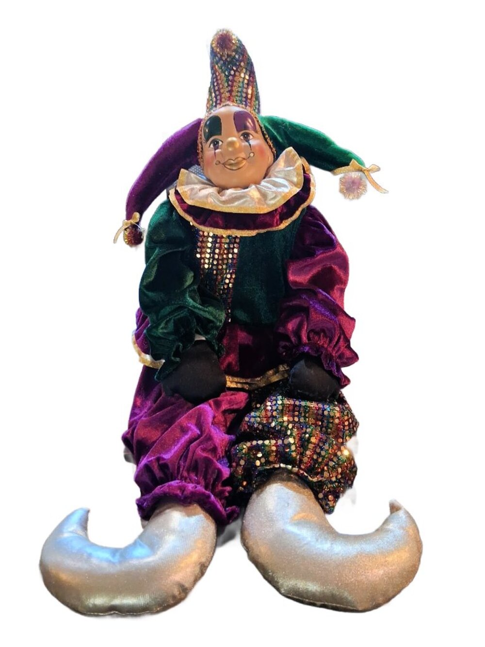 Porcelain Mardi Gras Harlequin Jester Doll in Purple and Green 31" Tall